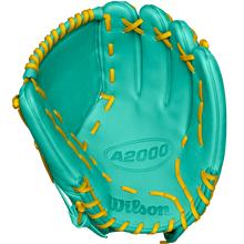 A close-up of the Wilson A2000 B23 12" Baseball Glove highlights the Pro Stock leather, showcasing the detail and quality of this FALL 2024 model (WBW10227012).