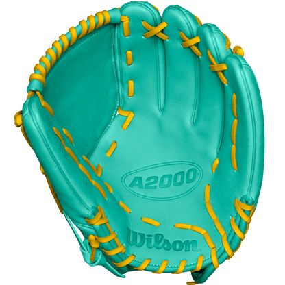 A close-up of the Wilson A2000 B23 12" Baseball Glove highlights the Pro Stock leather, showcasing the detail and quality of this FALL 2024 model (WBW10227012).