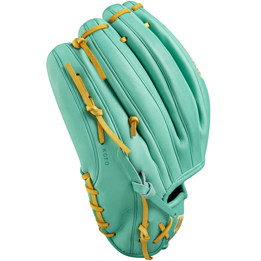 The Wilson A2000 B23 12" Baseball Glove (WBW10227012) is displayed open against a white background, featuring teal Pro Stock leather, yellow laces, visible stitching, and detailed 12" pocket craftsmanship.