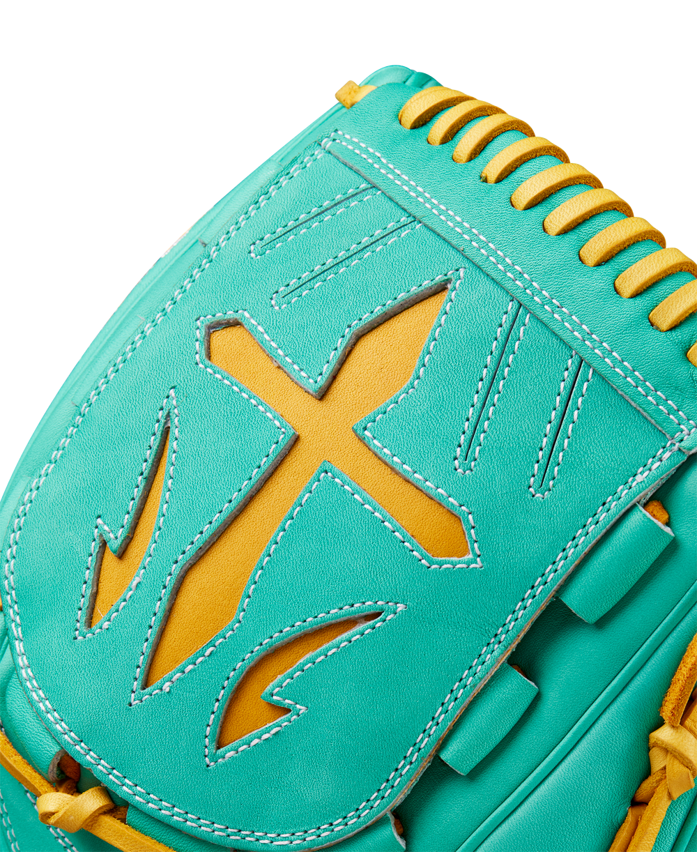 A close-up of the Wilson A2000 B23 12" Baseball Glove - FALL 2024, featuring teal Pro Stock leather with yellow lacing and a distinctive yellow cross-shaped stitch.