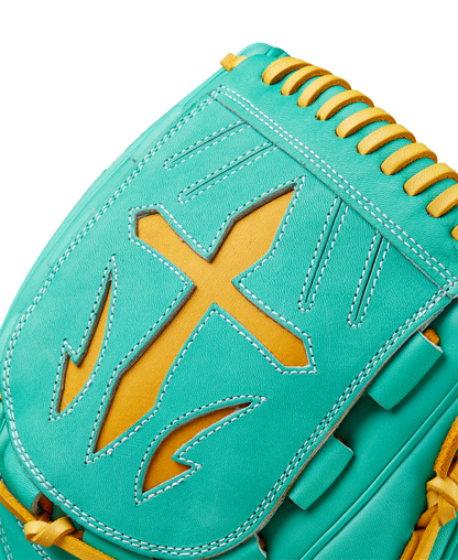 A close-up of the Wilson A2000 B23 12" Baseball Glove - FALL 2024, featuring teal Pro Stock leather with yellow lacing and a distinctive yellow cross-shaped stitch.