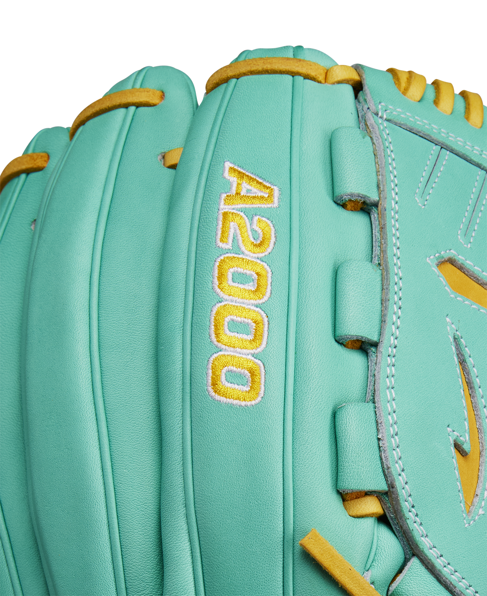 Close-up of the Wilson A2000 B23 12" Baseball Glove (FALL 2024: WBW10227012) in turquoise with tan laces, made from Pro Stock leather and finished with yellow embroidered A2000 lettering.