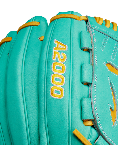 Close-up of the Wilson A2000 B23 12" Baseball Glove (FALL 2024: WBW10227012) in turquoise with tan laces, made from Pro Stock leather and finished with yellow embroidered A2000 lettering.