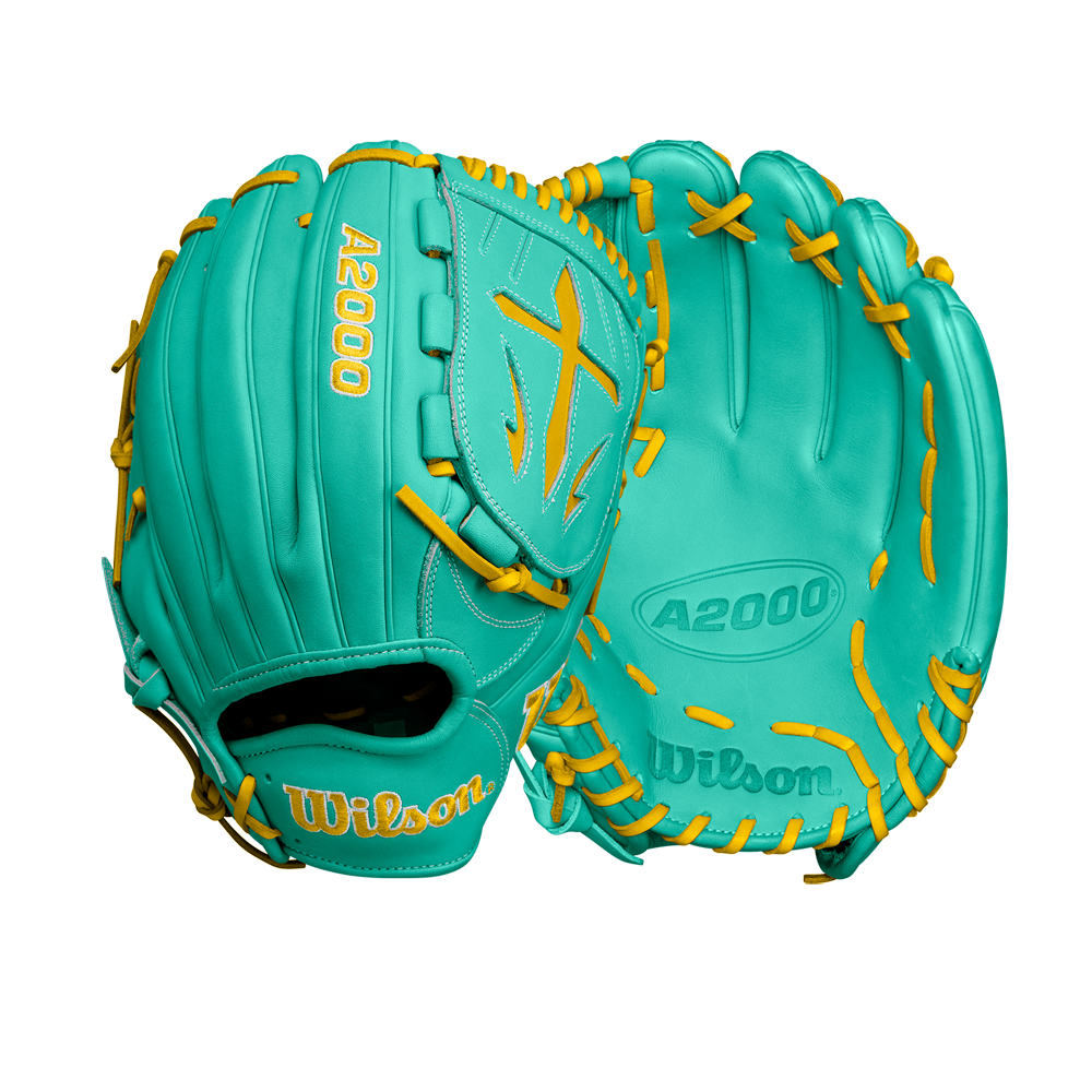 Two teal Wilson A2000 B23 12" baseball gloves (model WBW10227012) with yellow laces and stitching are displayed on a white background—one showing the palm, the other the back.