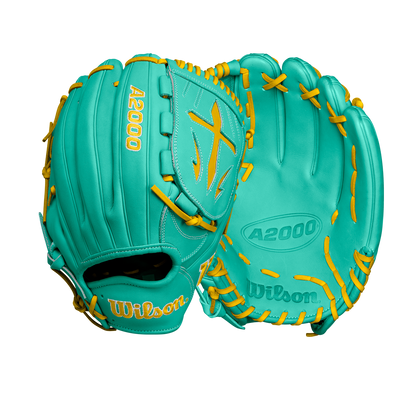 Two teal Wilson A2000 B23 12" baseball gloves (model WBW10227012) with yellow laces and stitching are displayed on a white background—one showing the palm, the other the back.