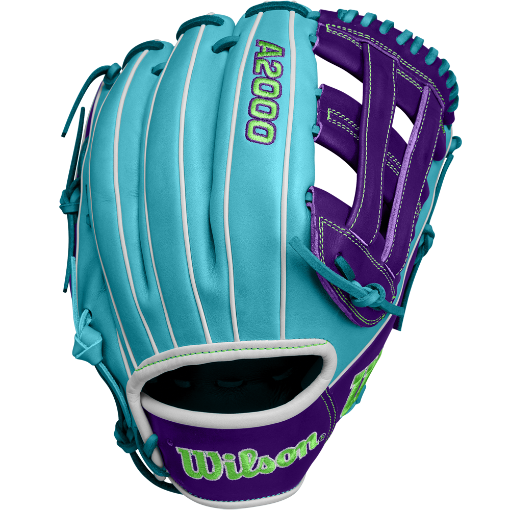 The Wilson A2000 DW5 12" Baseball Glove (Winter 2024: WBW10252212) features turquoise and purple Pro Stock leather, white accents, and bright green embroidery, shown from a side angle on a plain background.