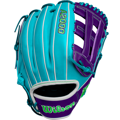 The Wilson A2000 DW5 12" Baseball Glove (Winter 2024: WBW10252212) features turquoise and purple Pro Stock leather, white accents, and bright green embroidery, shown from a side angle on a plain background.