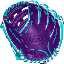 The Wilson A2000 DW5 12" Baseball Glove (Winter 2024: WBW10252212) features Pro Stock leather in a purple and blue design, perfect for infield play.