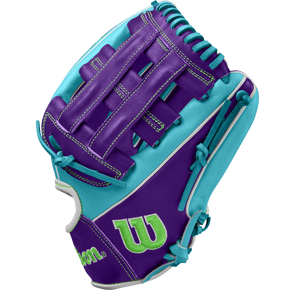 The Wilson A2000 DW5 12" Baseball Glove (WBW10252212) features blue and purple stitching and is crafted from durable Pro Stock leather, offering exceptional performance and style for infielders.