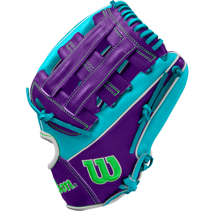 The Wilson A2000 DW5 12" Baseball Glove (WBW10252212) features blue and purple stitching and is crafted from durable Pro Stock leather, offering exceptional performance and style for infielders.