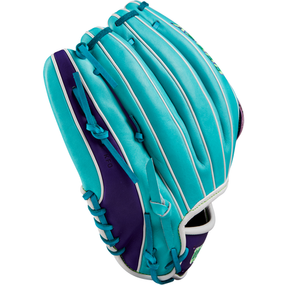 The Wilson A2000 DW5 12" Baseball Glove (Winter 2024: WBW10252212) features a turquoise and purple design with white stitching and laces, shown from an angle revealing the back side and thumb area.