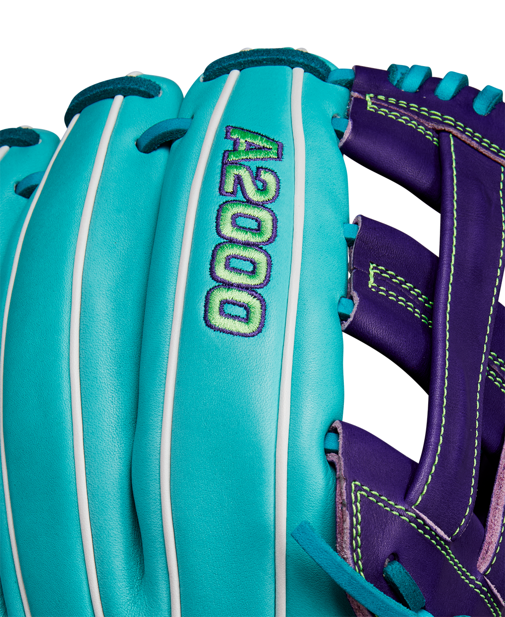 A close-up of the Wilson A2000 DW5 12" Baseball Glove (Winter 2024: WBW10252212), expertly crafted from premium Pro Stock leather.