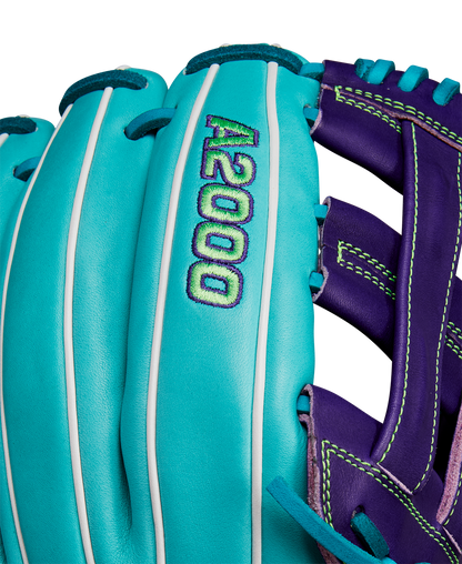 A close-up of the Wilson A2000 DW5 12" Baseball Glove (Winter 2024: WBW10252212), expertly crafted from premium Pro Stock leather.