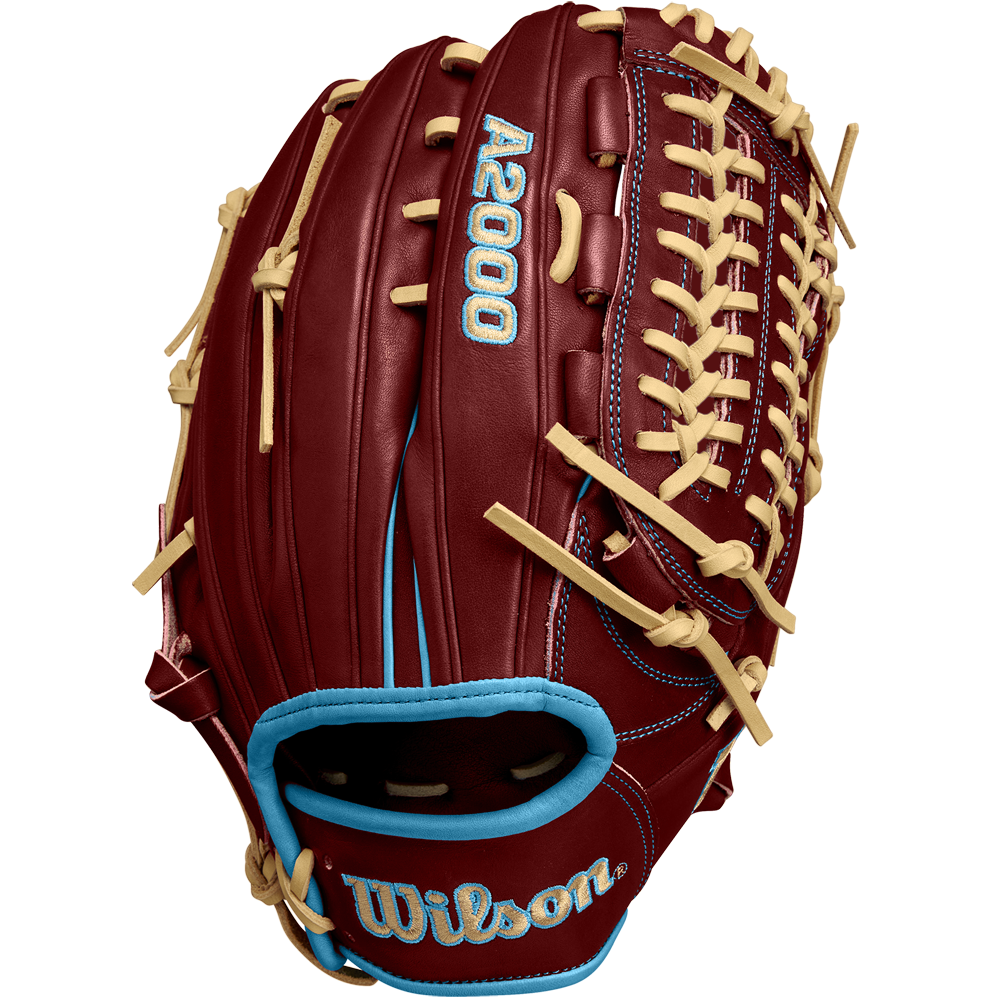The Wilson A2000 D33 11.75" Baseball Glove (Winter 2024) features maroon Pro Stock leather, tan laces, blue accents, stitched branding, and wrist piping. Displayed on a white background. Model: WBW1025251175.