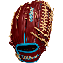 The Wilson A2000 D33 11.75" Baseball Glove (Winter 2024) features maroon Pro Stock leather, tan laces, blue accents, stitched branding, and wrist piping. Displayed on a white background. Model: WBW1025251175.
