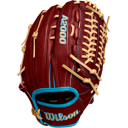 The Wilson A2000 D33 11.75" Baseball Glove (Winter 2024) features maroon Pro Stock leather, tan laces, blue accents, stitched branding, and wrist piping. Displayed on a white background. Model: WBW1025251175.