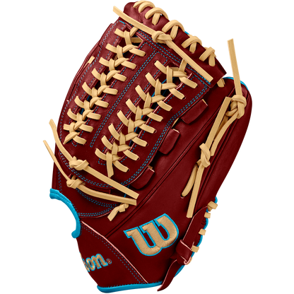 A close-up of the Wilson A2000 D33 11.75" Baseball Glove, crafted from premium Pro Stock leather, showcases its detailed design for Winter 2024.