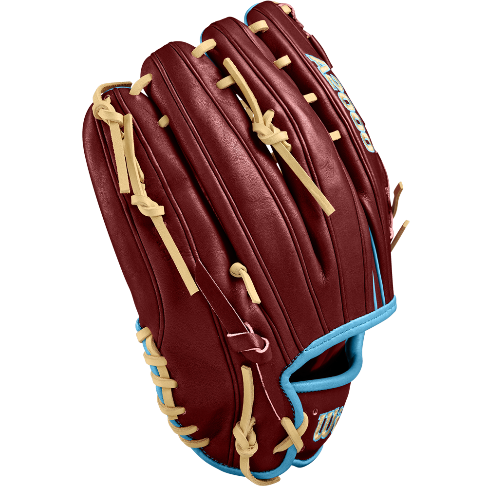 The Wilson A2000 D33 11.75" Baseball Glove - Winter 2024 (WBW1025251175) features a maroon design with tan laces, light blue trim, and premium Pro Stock leather, shown against a plain white background.