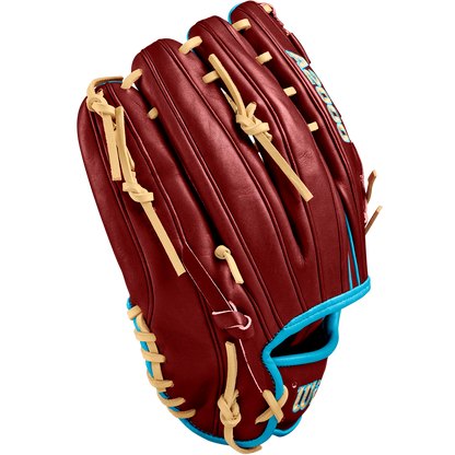The Wilson A2000 D33 11.75" Baseball Glove - Winter 2024 (WBW1025251175) features a maroon design with tan laces, light blue trim, and premium Pro Stock leather, shown against a plain white background.
