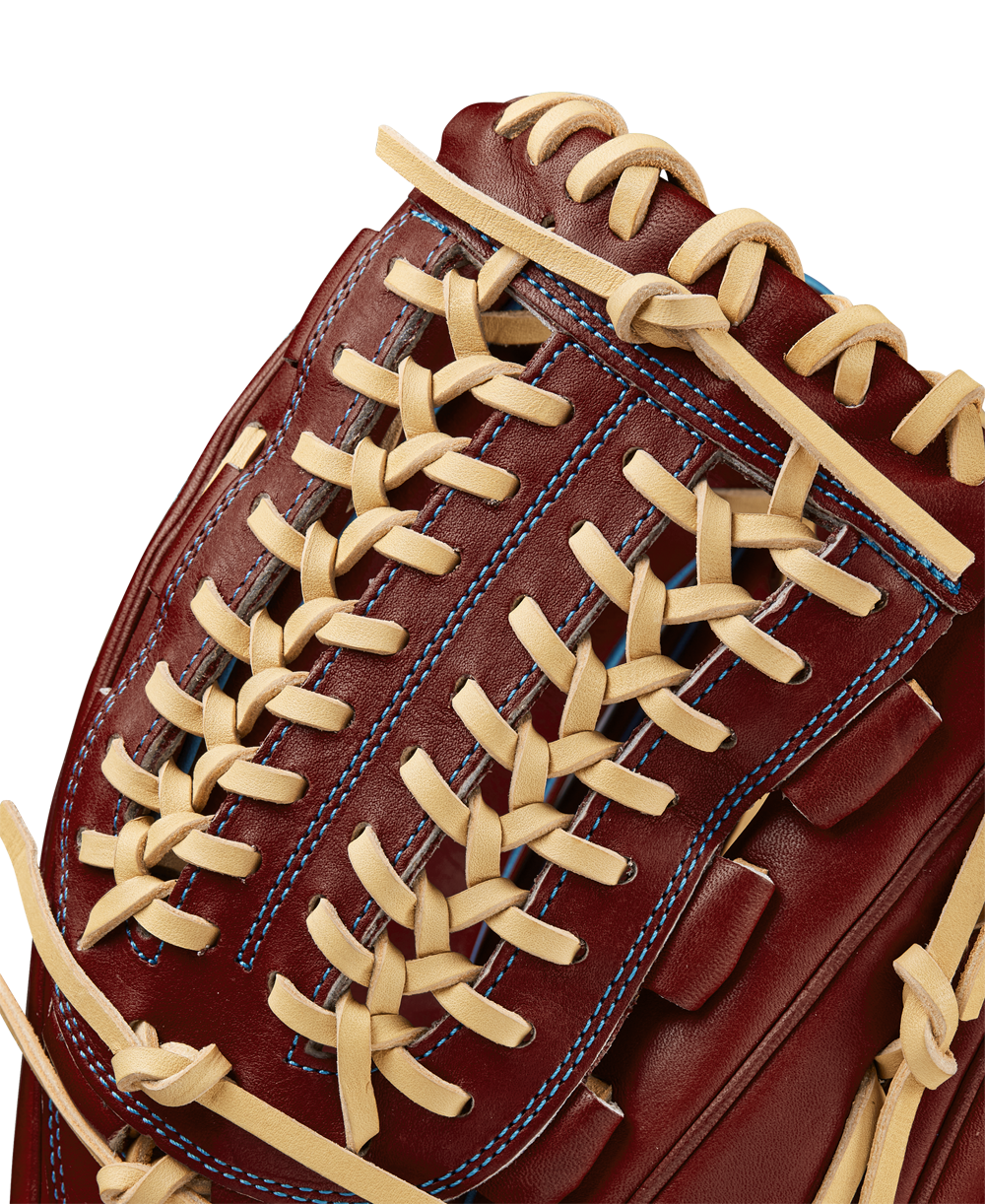 Close-up of the Wilson A2000 D33 11.75" Baseball Glove (Winter 2024) in red-brown Pro Stock leather, with tan crisscross laces and blue stitching.