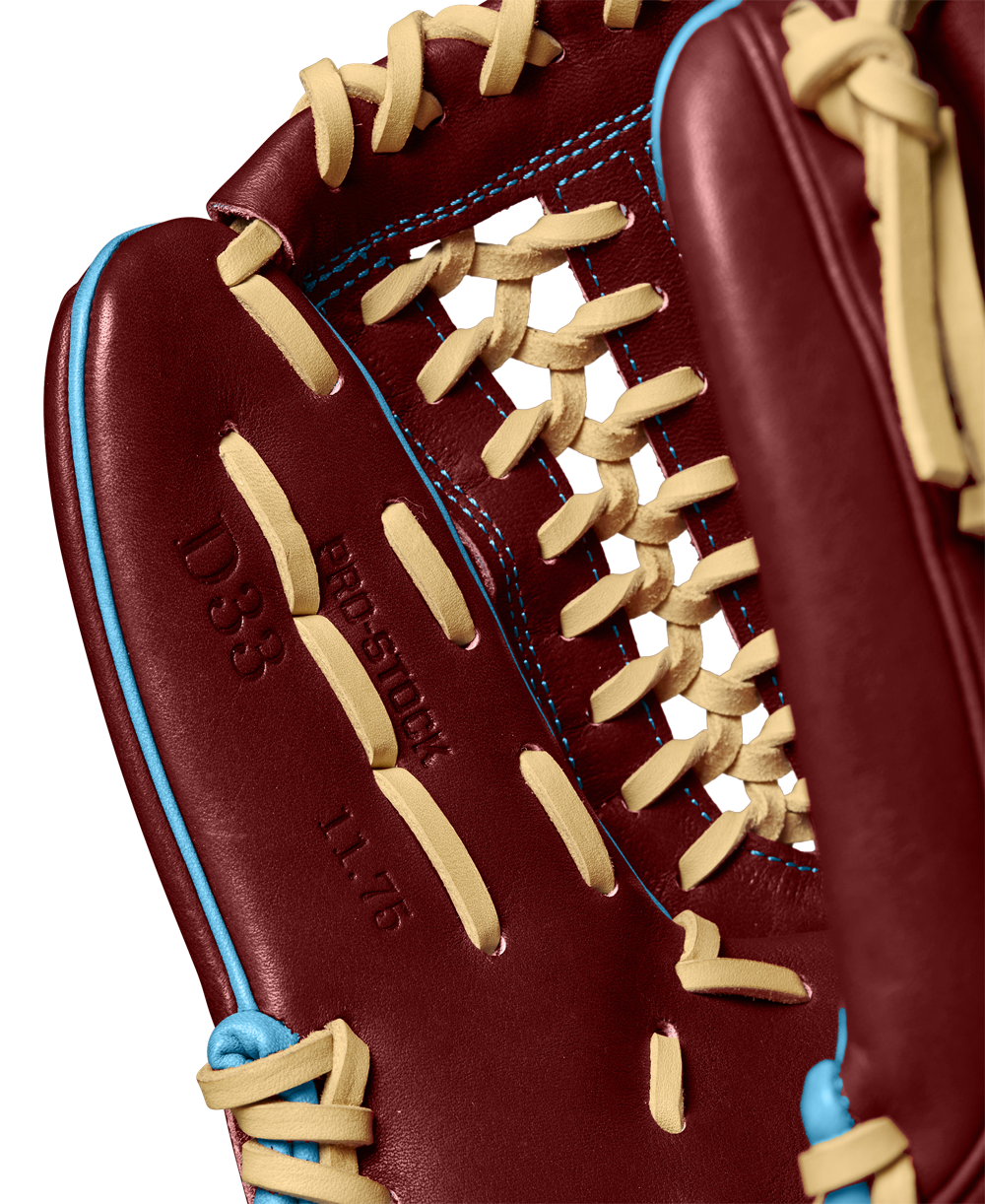 A close-up of the Wilson A2000 D33 11.75" Baseball Glove (Winter 2024: WBW1025251175), crafted from premium Pro Stock leather, highlights its quality and detailed design.