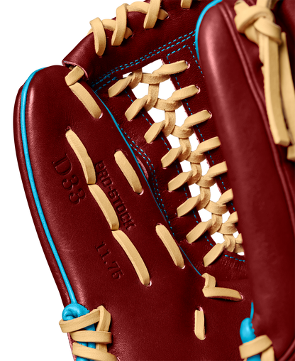 A close-up of the Wilson A2000 D33 11.75" Baseball Glove (Winter 2024: WBW1025251175), crafted from premium Pro Stock leather, highlights its quality and detailed design.