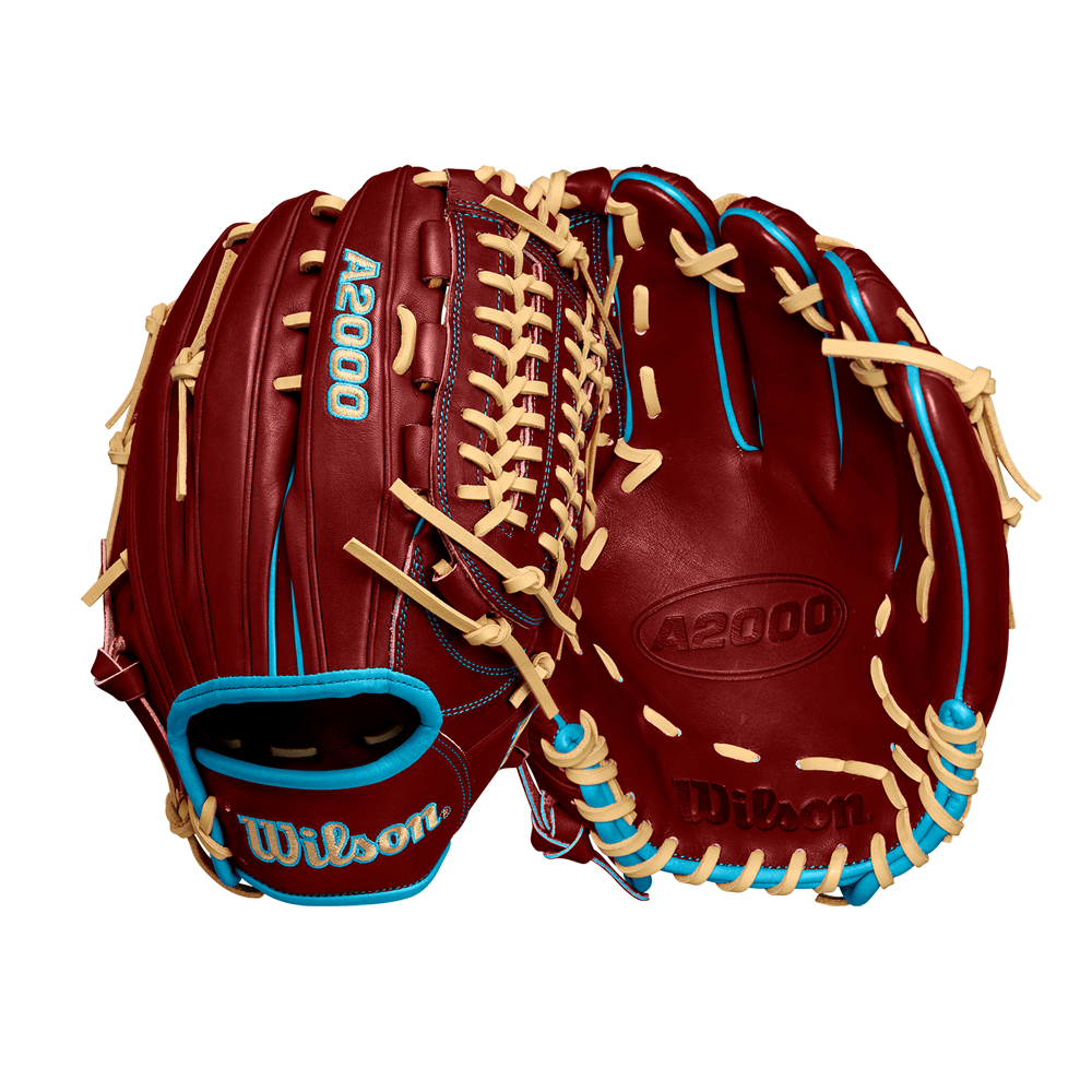 Two Wilson A2000 D33 11.75" Baseball Gloves (Winter 2024, WBW1025251175) by Wilson are shown front and back in reddish-brown Pro Stock leather with tan laces and blue accents, displayed against a plain white background.