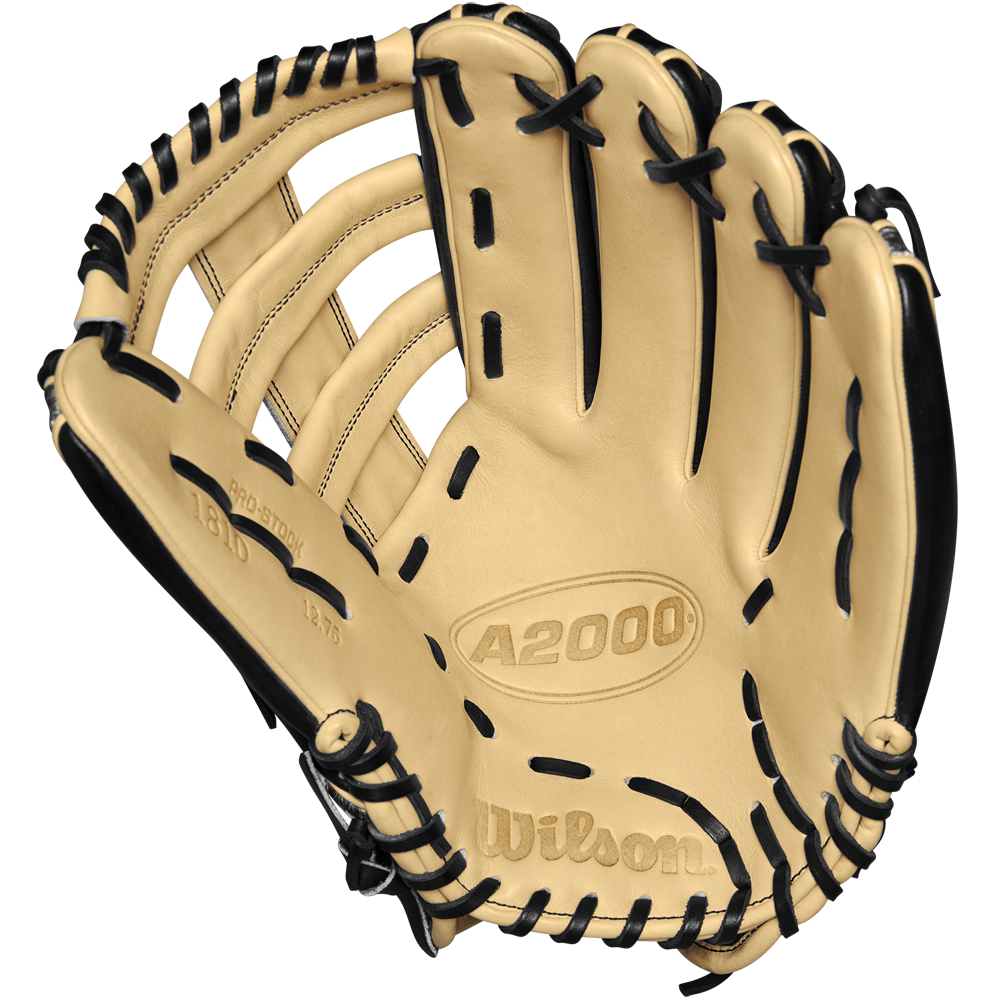 The Wilson A2000 1810 12.75" Baseball Glove (WBW1025271275) features tan Pro Stock leather with black lacing, a webbed pocket, visible stitching, and embossed Wilson and A2000 logos on the palm. Winter 2024 edition.