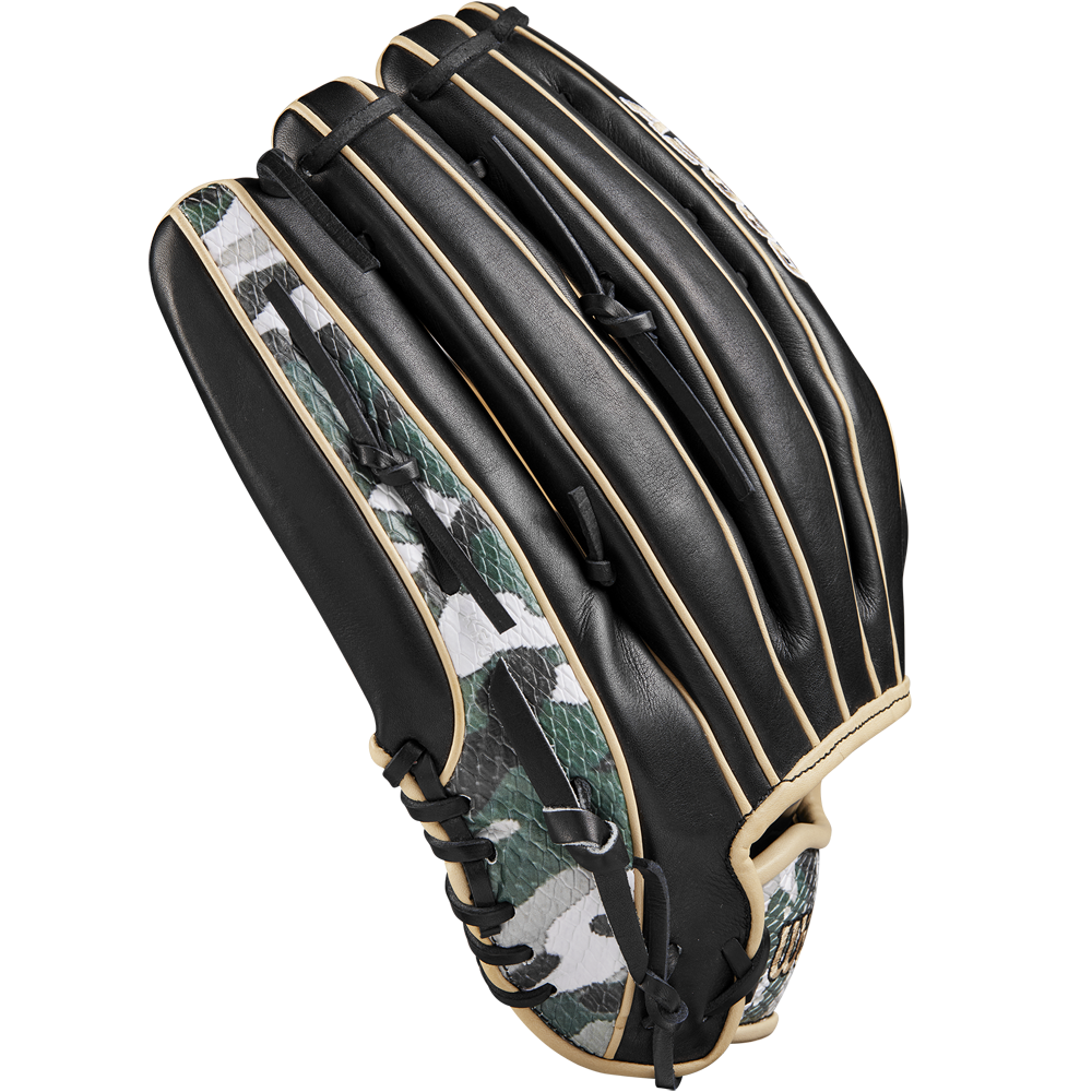 The Wilson A2000 1810 12.75" Baseball Glove features black Pro Stock leather, tan laces, and a green, white, and black camo pattern on the thumb and pinky. Model: WBW1025271275.