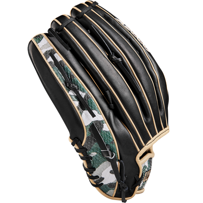 The Wilson A2000 1810 12.75" Baseball Glove features black Pro Stock leather, tan laces, and a green, white, and black camo pattern on the thumb and pinky. Model: WBW1025271275.