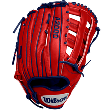 The Wilson A2000 MY7 12.5" Masataka Yoshida GM Baseball Glove by Wilson is red with blue laces and accents, features "A2000" embroidered in blue on the back, and has a white Wilson logo patch on the wrist strap.