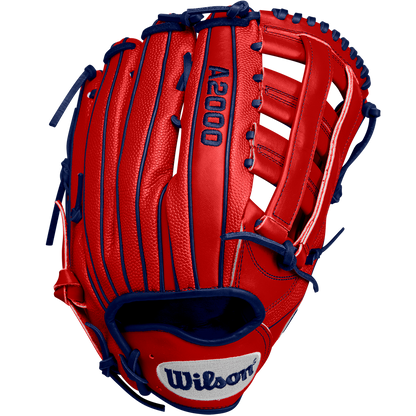 The Wilson A2000 MY7 12.5" Masataka Yoshida GM Baseball Glove by Wilson is red with blue laces and accents, features "A2000" embroidered in blue on the back, and has a white Wilson logo patch on the wrist strap.