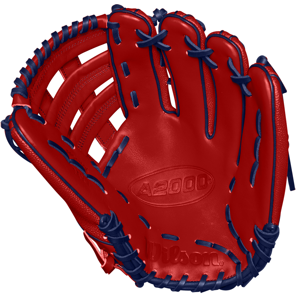The Wilson A2000 MY7 12.5" Masataka Yoshida GM Baseball Glove (WBW102529125) is a bright red outfield glove with dark blue laces and an embossed Wilson logo, shown on a plain white background.