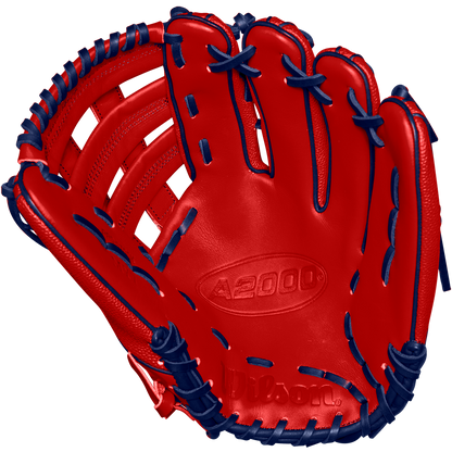 The Wilson A2000 MY7 12.5" Masataka Yoshida GM Baseball Glove (WBW102529125) is a bright red outfield glove with dark blue laces and an embossed Wilson logo, shown on a plain white background.