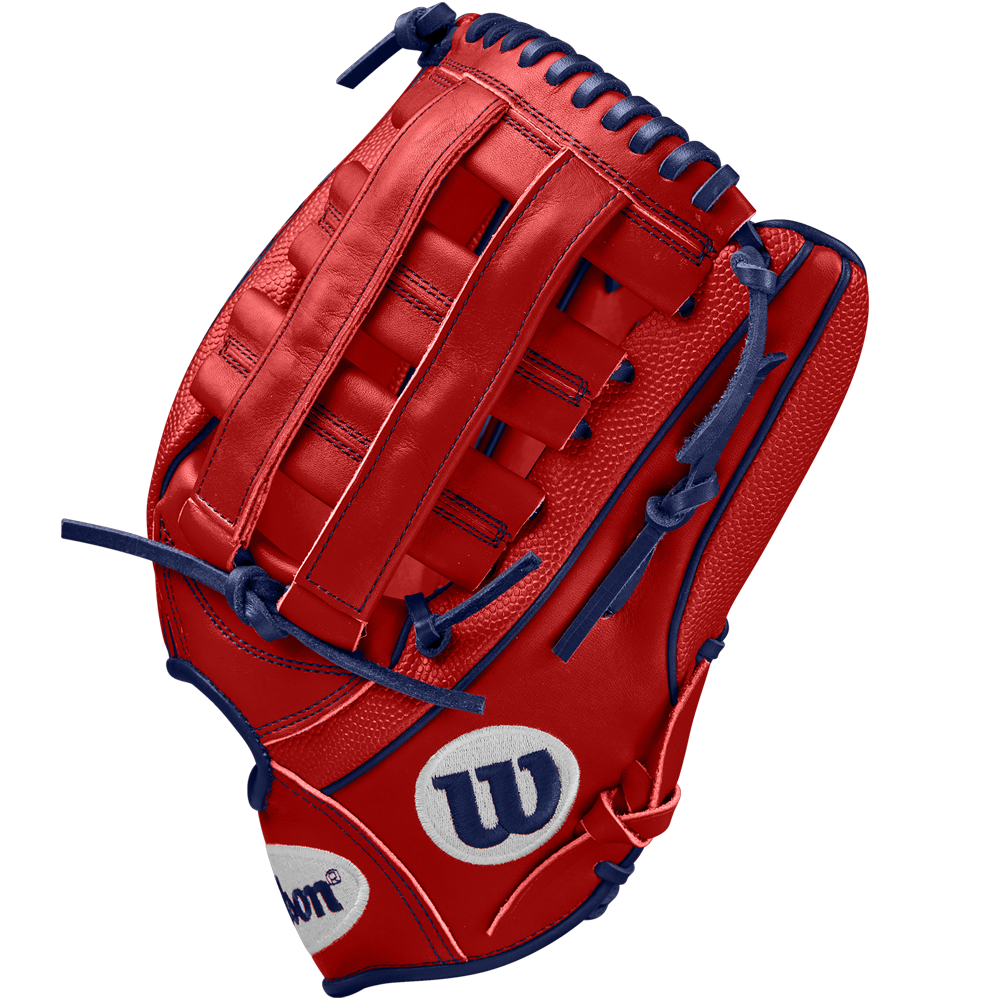 The Wilson A2000 MY7 12.5" Masataka Yoshida GM Baseball Glove (WBW102529125) features red leather, blue laces and stitching, a woven web pattern, and a white Wilson logo on the thumb.