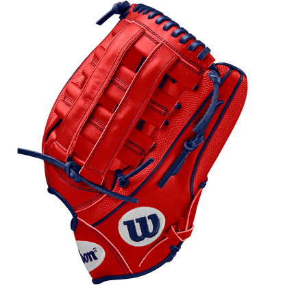 The Wilson A2000 MY7 12.5" Masataka Yoshida GM Baseball Glove (WBW102529125) features red leather, blue laces and stitching, a woven web pattern, and a white Wilson logo on the thumb.