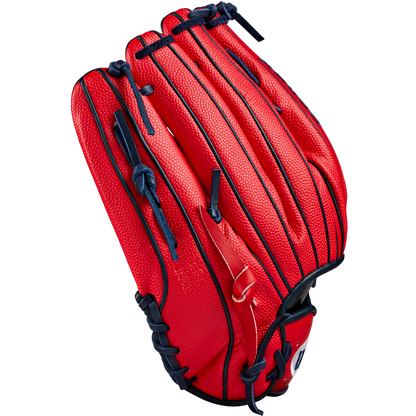 A Wilson A2000 MY7 12.5" Masataka Yoshida GM outfield glove in bright red features dark blue laces and trim, shown closed to highlight the leather texture, set against a plain white background.