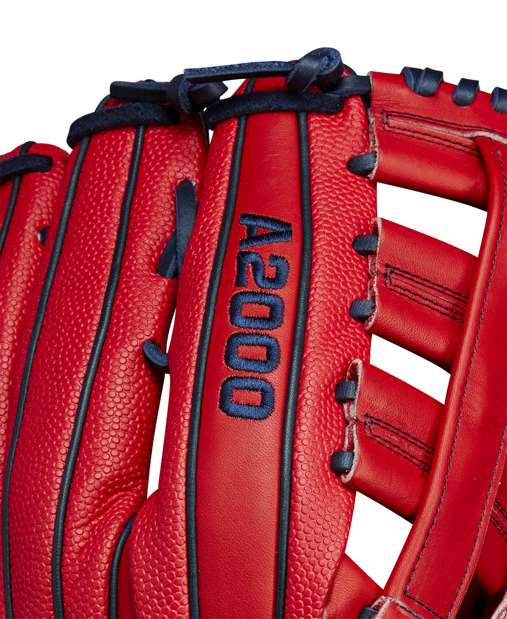 Close-up of the Wilson A2000 MY7 12.5" Masataka Yoshida GM Baseball Glove (WBW102529125) in bright red leather with dark blue stitching, A2000 embroidery, and lacing details inspired by the iconic outfield glove design.