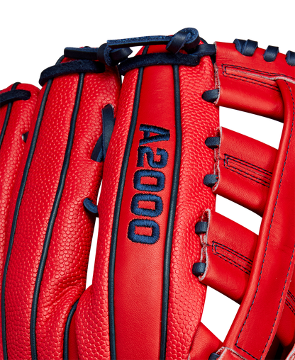 Close-up of the Wilson A2000 MY7 12.5" Masataka Yoshida GM Baseball Glove (WBW102529125) in bright red leather with dark blue stitching, A2000 embroidery, and lacing details inspired by the iconic outfield glove design.