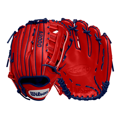A red and blue Wilson A2000 MY7 12.5" Masataka Yoshida GM Baseball Glove (WBW102529125), inspired by the iconic outfield glove.