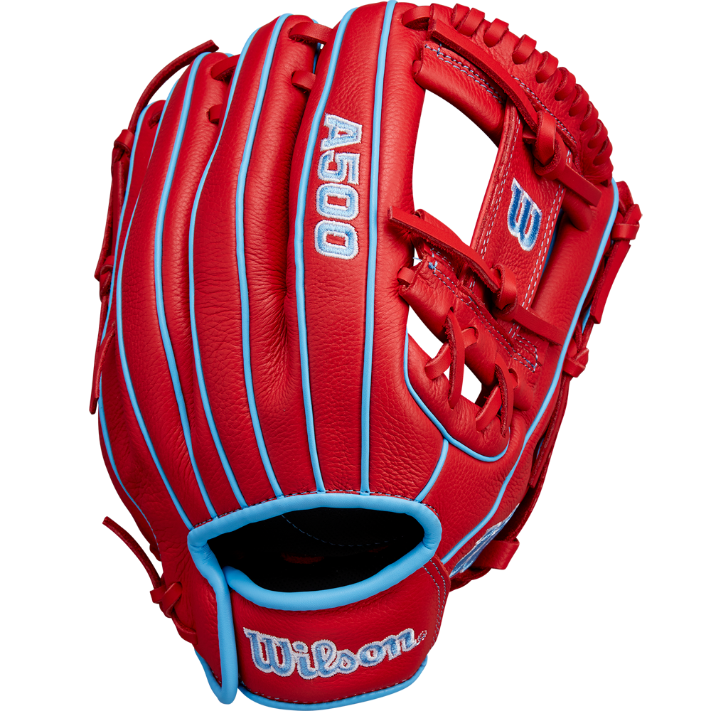 The Wilson A500 11.5" Baseball Glove (WBW102540115) features a red design with light blue accents and stitching, open web style, and Wilson plus A500 embroidered in white and blue.