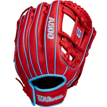 The Wilson A500 11.5" Baseball Glove (WBW102540115) features a red design with light blue accents and stitching, open web style, and Wilson plus A500 embroidered in white and blue.