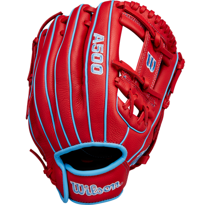 The Wilson A500 11.5" Baseball Glove (WBW102540115) features a red design with light blue accents and stitching, open web style, and Wilson plus A500 embroidered in white and blue.