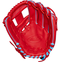 The Wilson A500 11.5" Baseball Glove (WBW102540115) by Wilson features a bright red design with light blue laces, detailed stitching, a webbed pocket, and the A500 logo embossed in the palm center.