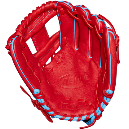 The Wilson A500 11.5" Baseball Glove (WBW102540115) by Wilson features a bright red design with light blue laces, detailed stitching, a webbed pocket, and the A500 logo embossed in the palm center.