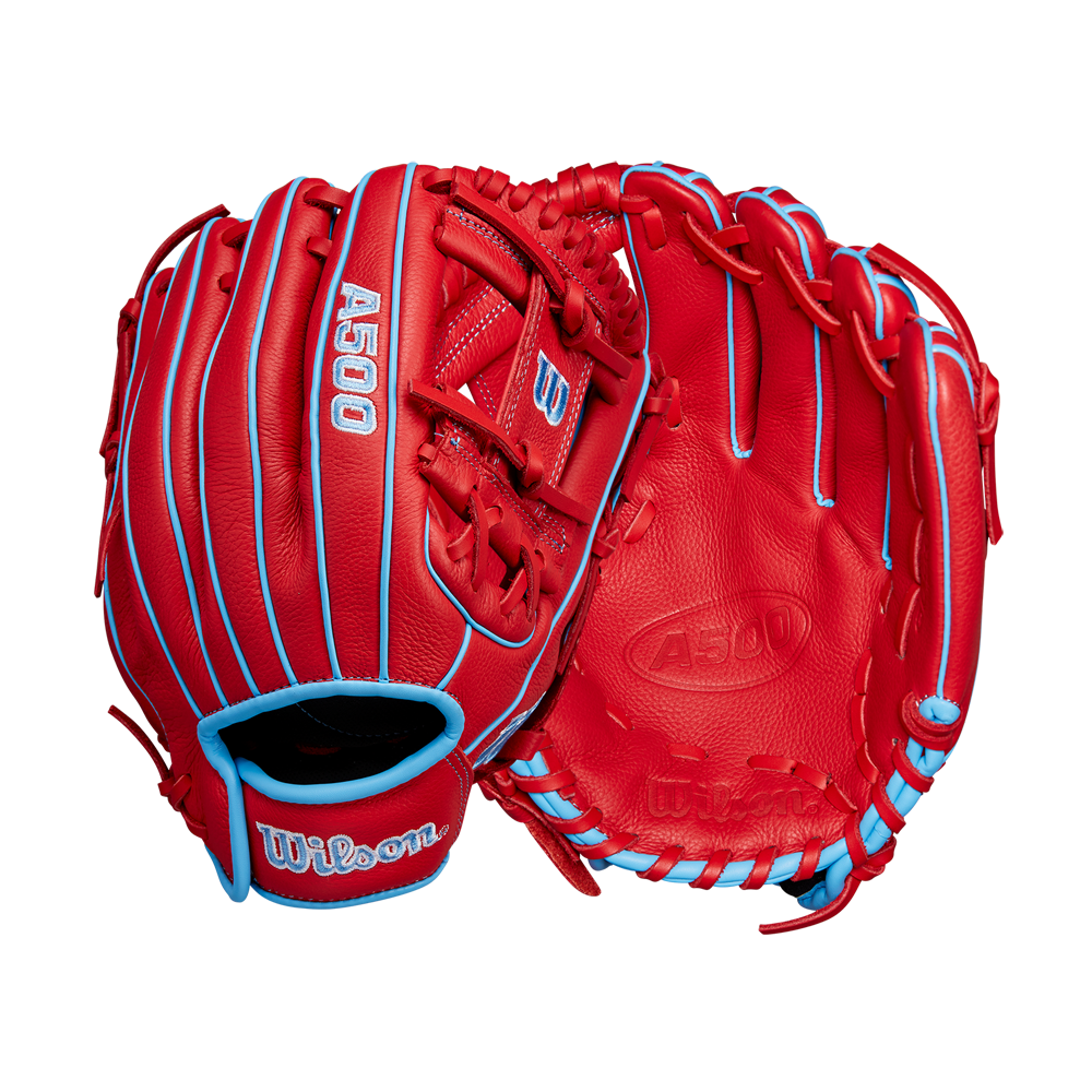 Two bright red Wilson A500 11.5" Baseball Gloves (WBW102540115) with light blue laces are shown, one displaying the palm and the other the back, both on a plain white background. These gloves by Wilson are designed for young players.