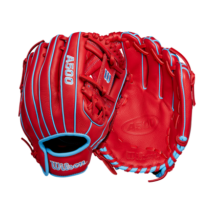 Two bright red Wilson A500 11.5" Baseball Gloves (WBW102540115) with light blue laces are shown, one displaying the palm and the other the back, both on a plain white background. These gloves by Wilson are designed for young players.