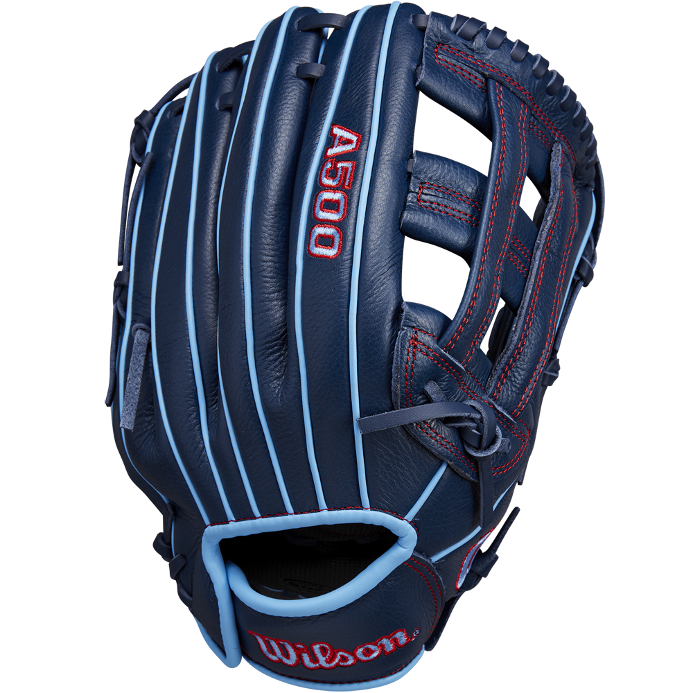 A Wilson A500 12" Baseball Glove (WBW10254212), dark blue with light blue accents and red stitching, is shown from the front with the brand and model visible.