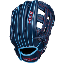 A Wilson A500 12" Baseball Glove (WBW10254212), dark blue with light blue accents and red stitching, is shown from the front with the brand and model visible.