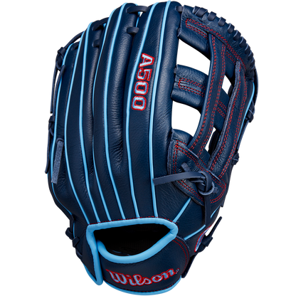 A Wilson A500 12" Baseball Glove (WBW10254212), dark blue with light blue accents and red stitching, is shown from the front with the brand and model visible.